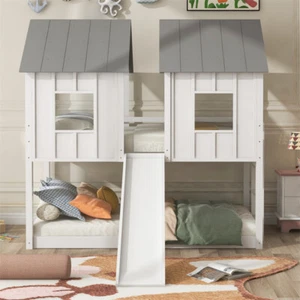 Twin over Twin Size Pine House Bunk Bed with Slide,Ladder,Roof & Windows-White - Picture 1 of 11