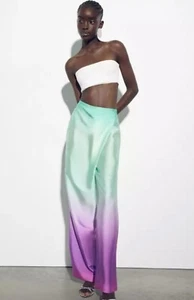 NEW Zara Women's Satin Effect Tie Dye Pareo Pants Green & Purple Size S 3105/384 - Picture 1 of 2
