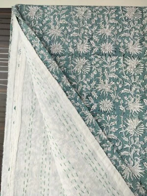 Indian King Size Hand Block Print Cotton Kantha Handmade Quilt Bedspread Blanket - Image 1 of 4
