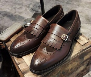 Handmade Men’s Leather Suede Monk Strap Shoes, Men Wing Tip Brogue Fringe Shoes