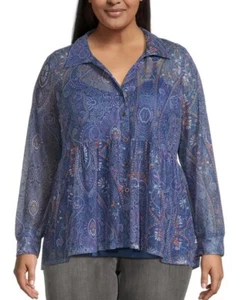 TERRA & SKY Womens Semi Sheer Top With Attached Cami Size 2X 20-22 Blue Pink New - Picture 1 of 12