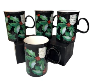Neu 4 Dunoon Weihnachten Becher Stechpalme Beeren schwarz Blumen dünn 4" hergestellt in Schottland - Bild 1 von 6