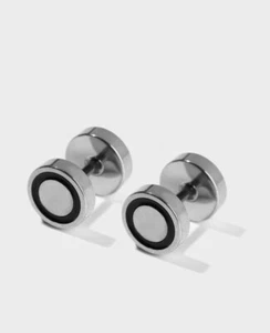 1pair Mens Modern Silver Black Stud Round Decor Stainless Steel Earrings Gift - Picture 1 of 3