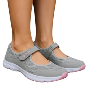 Women's Grey Barefoot Mary Jane Comfort Shoes Pink Logo Hook & Loop Fastening - Picture 1 of 11