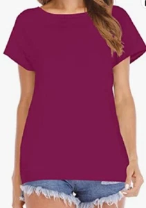 Women's Solid Short Sleeve Blouse Scoop Neck T-Shirt Casual Slim Fit, WINE RED-S - Picture 1 of 2