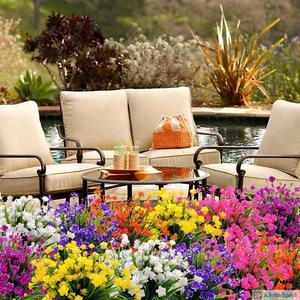 12 paquetes de flores artificiales falsas para exteriores resistentes a los rayos UV varios colores realistas - Imagen 1 de 69