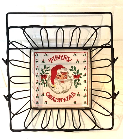 Vintage Metal Basket with Santa Tile Base Christmas Napkin Holder Caddy Cover