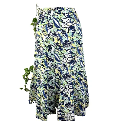 JM Collection Skirt 16 Petite Blue Green Yellow Floral Linen Calf Midi Hawaii - Image 1 of 4