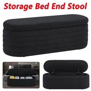 45.5" Black Teddy Velvet Oval Storage Bench Upholstered Ottoman End of Bed Stool - Picture 1 of 15