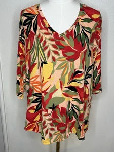 C&C California 2X Top Pullover Tropical Print V Neck 3/4 Sleeve 100% Cotton - Picture 1 of 9