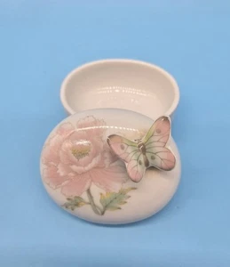 Vintage Porcelain Trinket Box With Pink Flower And 3D Butterfly JAPAN  - Picture 1 of 3