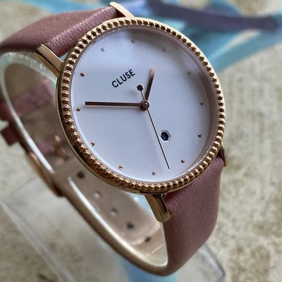 Reloj Cluse Damas Esfera Blanca Oro Rosa Acero Cuero Rosa Caja 33mm - Imagen 1 de 4