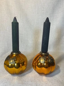 Midwest Halloween Metallic ORANGE PUMPKIN GLASS CANDLE HOLDERS~Fall Taper/Pillar - Picture 1 of 20