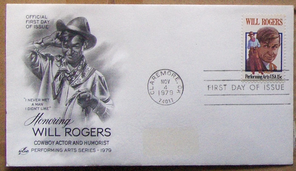 USA FDC SC #1801 WILL ROGERS 1979 Art Craft Cachet. - Image 1 of 1