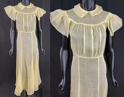 Maxi Vestido Largo Vintage Años 30 Amarillo Pastel Transparente Algodón Organdy Volantes Foto 1 de 4