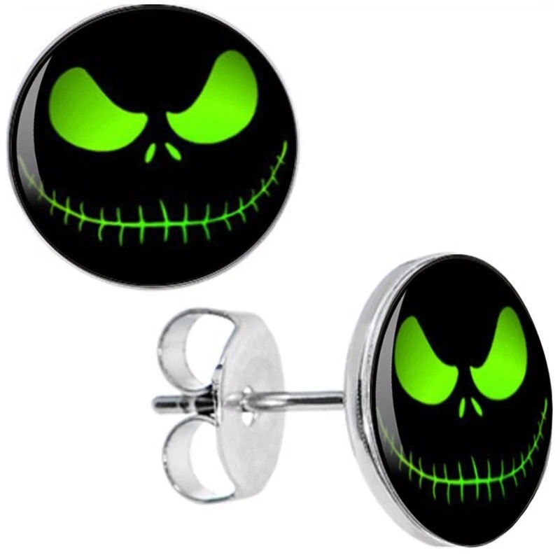 Boys Girls Mens Green Jack Skellington Logo Stud Earrings Skeleton SINGLE - PAIR Foto 1 de 1
