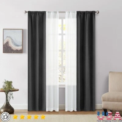 Solid Twill Blackout Curtain Panel Set W/ Sheers 4 Panels Rod Pocket 84in Length - Image 1 of 4