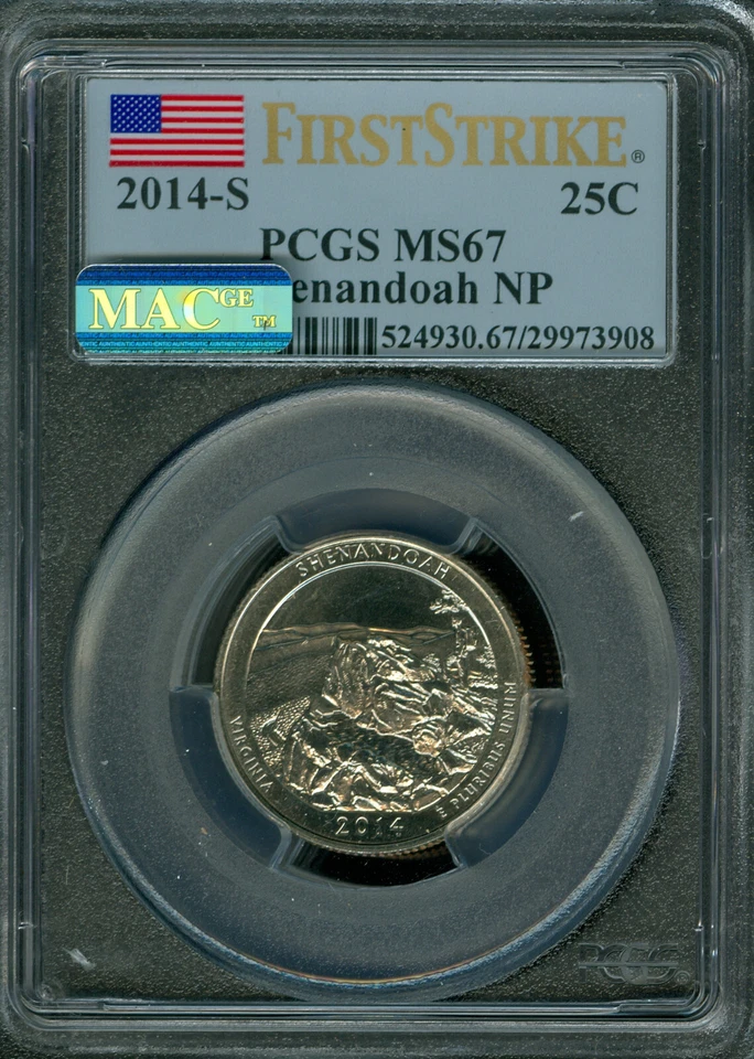 2014 S SHENANDOAH QUARTER PCGS MS67 FS 2ND FINEST GRADE MAC SPOTLESS  .  - Image 1 of 3