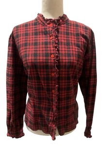 VTG Red Black Plaid Top High Neck Holiday Christmas Tartan Equestrian Ruffled XL - Picture 1 of 6
