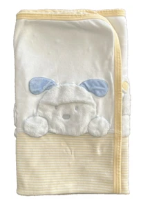 Vintage Carter's Baby Blanket Yellow Stripe w/ White Fleece Puppy Bear Lamb Duck - Picture 1 of 9