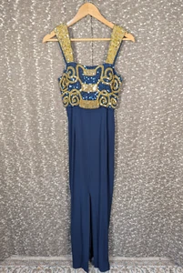 Vintage Alyce Designs Sequin Blue Prom Cocktail Dress Gold Beading Size 4 - Picture 1 of 12