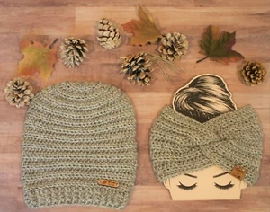 2 For One Price! Lt Taupe Grey Slouchy Hat +Twist Hdbnd Beanie Boho Women's - Picture 1 of 3