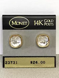 Vtg 90s MONET Gold Tone Square Crystal Stud 14K Gold post Pierce Earrings-Signed - Picture 1 of 8