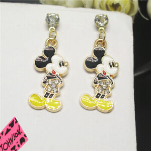 New Betsey Johnson Yellow Enamel Lovely Mickey Mouse Crystal Stand Earrings Gift