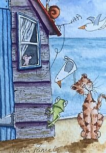 ACEO Contemporary Original Watercolour Painting Beach Hut~Frog~Cat~Mouse~Snail