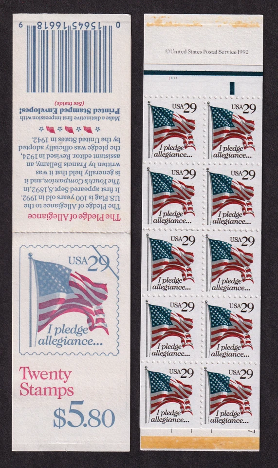 1992 PLEDGE FLAG BK196 booklet Sc 2593a (2 panes) plate number 1111 - Image 1 of 1