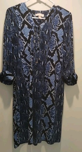 Abito MICHAEL KORS taglia L blu nero stampa animalier gabbia scollo a V rotolo linguetta manica