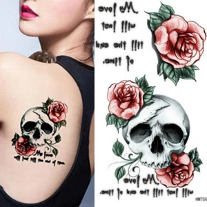 Temporäres Tattoo Löwe Totenkopf Rosen Design Temporary Klebetattoo Körperkunst - Bild 1 von 4