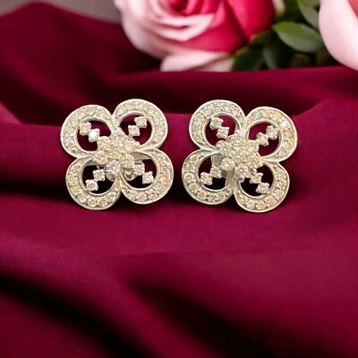Pave 1.88 TCW Round Brilliant Cut Natural Diamonds Clover Stud Earrings 14K Gold - Image 1 of 4