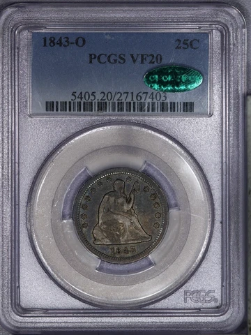 1843-O Liberty Seated Quarter 25c Large O PCGS VF20 CAC Super original coin! LB Cover
