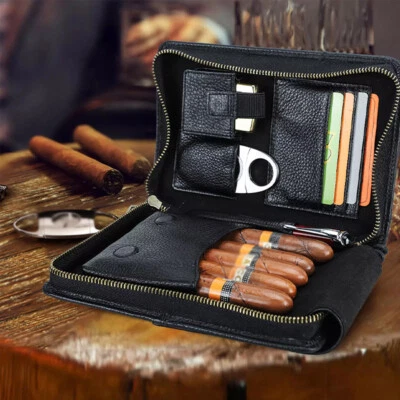 Genuine Leather Cigar Case Holder Travel Humidor Lighter Cutter Set Pocket Box - Image 1 of 4