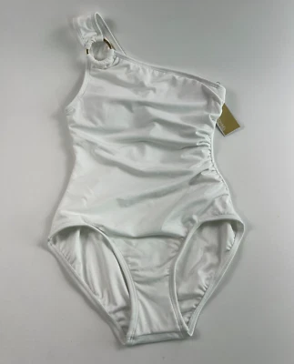 Michael Kors One Piece One Shoulder  w/ Gold Metal Logo Swimsuit  White Sz 8 NWT - Image 1 of 4
