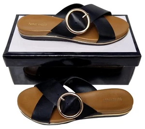 NINE WEST Frankie Ladies Black Leather Buckle Strappy Flat Shoes MRRP £79 - Picture 1 of 9