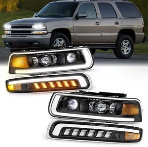 FITS 99-02 CHEVY SILVERADO 00-06 SUBURBAN TAHOE HEADLIGHTS + LED SIGNAL LIGHTS - Picture 1 of 9