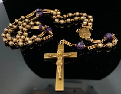 14k Yellow Gold 4mm Gold Rosary Beads Amethyst 25 inch N24 - Image 1 of 4