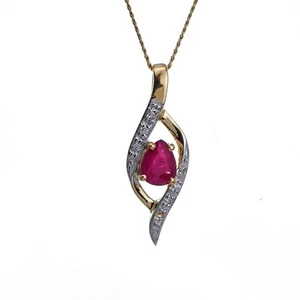 9ct Ruby Diamond Necklace Yellow Gold 0.38ct Red Pear Natural Boxed Gift - Picture 1 of 20