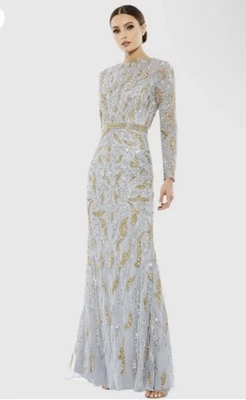 Mac Duggal 5124 Beaded Long Sleeve Gown Sz 16 Platinum Gold - Image 1 of 4