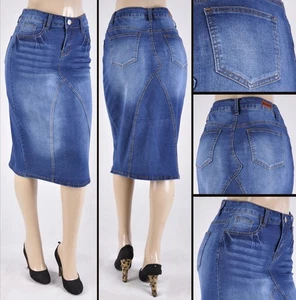 MUJER 28" Largo Falda Elástica Denim Índigo 5 Bolsillos Línea A Talla M #WG-78003 - Imagen 1 de 2