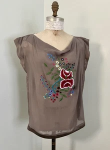 Gray Genuine Silk Chiffon Floral Embroidered Blouse SZ L Cowl Neck - Picture 1 of 8