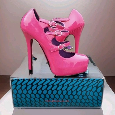 Sapatos de salto alto Devious rosa quente alça tripla plataforma escondida biqueira quadrada tamanho 8 - Imagem 1 de 4