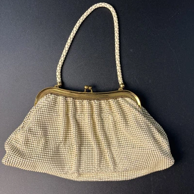 Vtg Whiting & Davis Metal Mesh Evening Bag Purse Gold & Off White Art Deco USA - Image 1 of 4