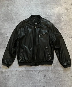 Vintage Adidas Leather Bomber Jacket Zip Black Men's Size Large 00's Biker - Picture 1 of 22