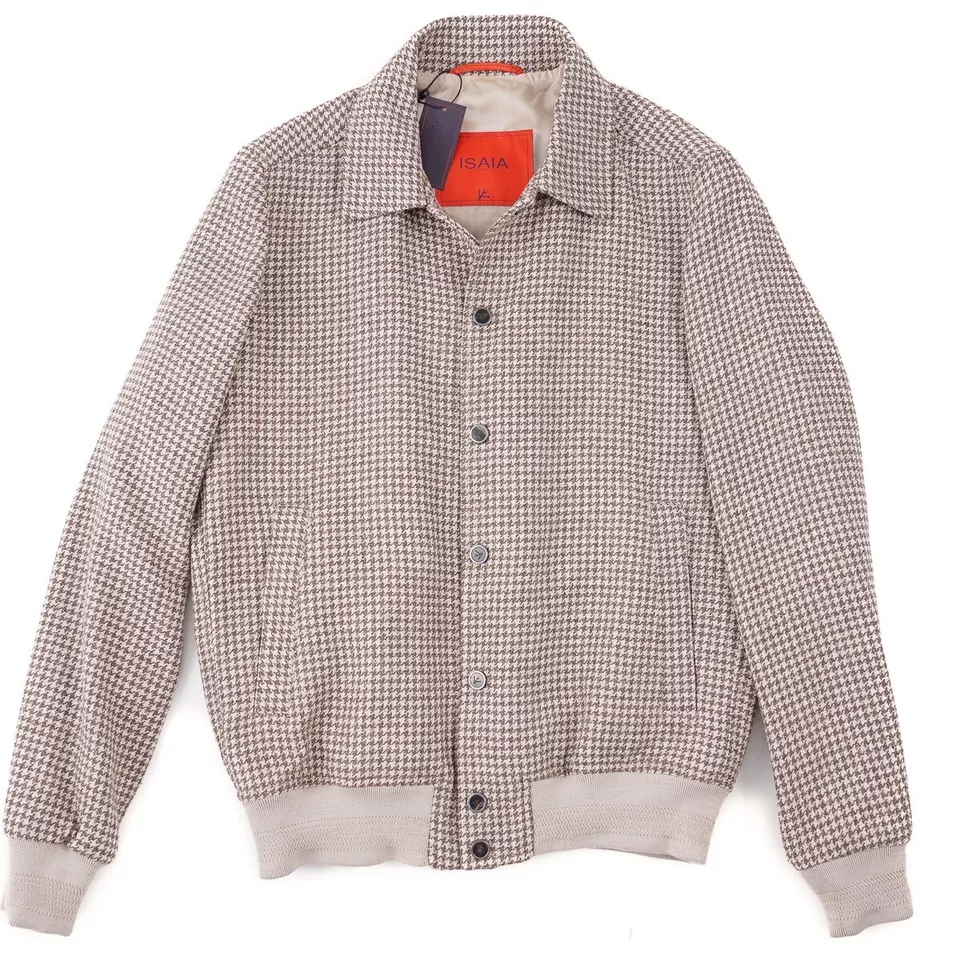 Isaia Houndstooth Check Soft Wool-Silk-Linen Varsity Jacket S (Eu 48) NWT - Image 1 of 4
