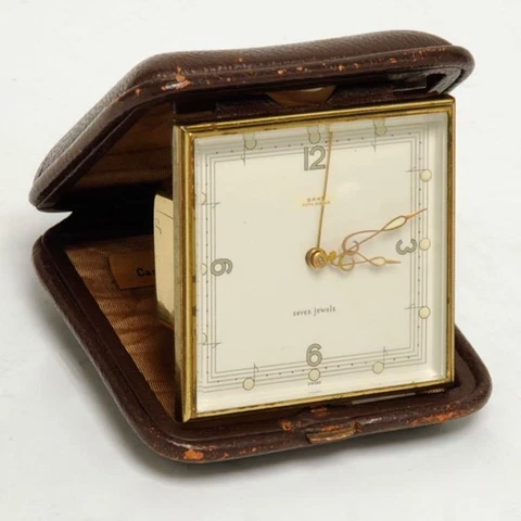 RARE VINTAGE SEMCO 7 JEWELS TRAVEL CLOCK SAKS 5TH AVE, MUSIC ALARM, TREBLE HANDS Cover