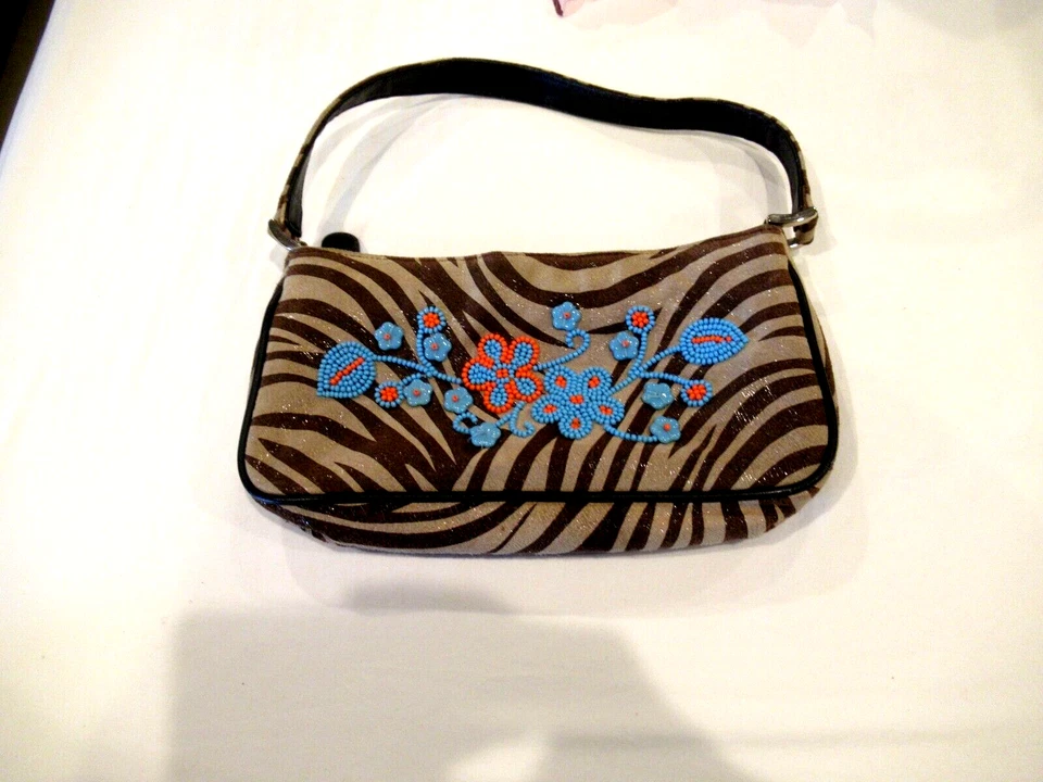 Isabella Fiore tiger striped purse with blue beaded flowers - Image 1 of 4