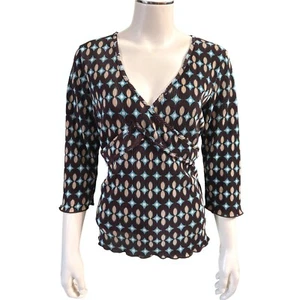 Apostrophe Printed V Neck Lightweight Long Sleeve Brown Abstract Blouse Size Sm - Picture 1 of 9